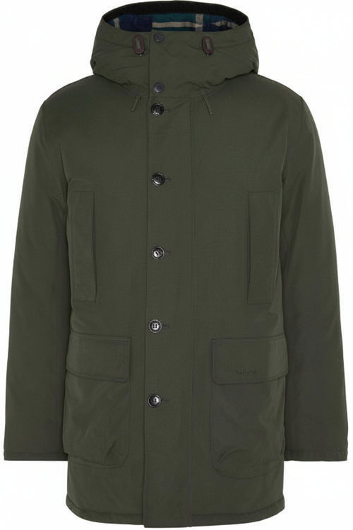 Sage green Barbour waterproof parka with hood and buttoned front pockets