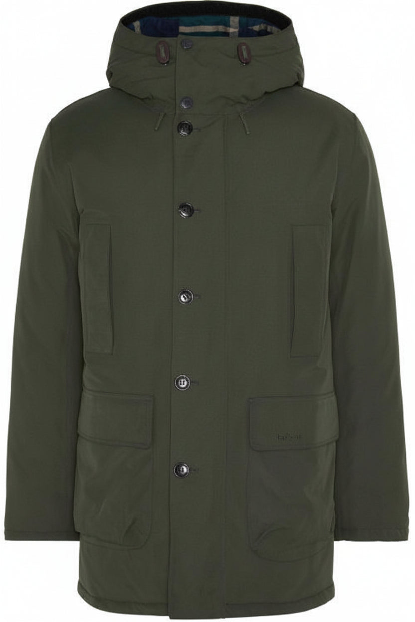 Sage green Barbour waterproof parka with hood and buttoned front pockets