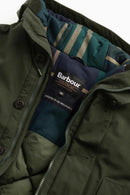 Barbour waterproof parka in sage green, zip front and quilted lining details