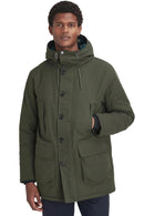 Sage green waterproof parka with hood, button front, and front patch pockets