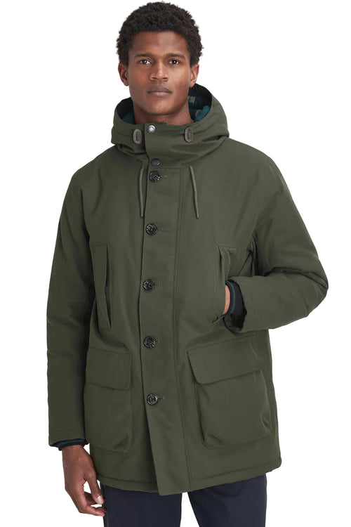 Sage green waterproof parka with hood, button front, and front patch pockets