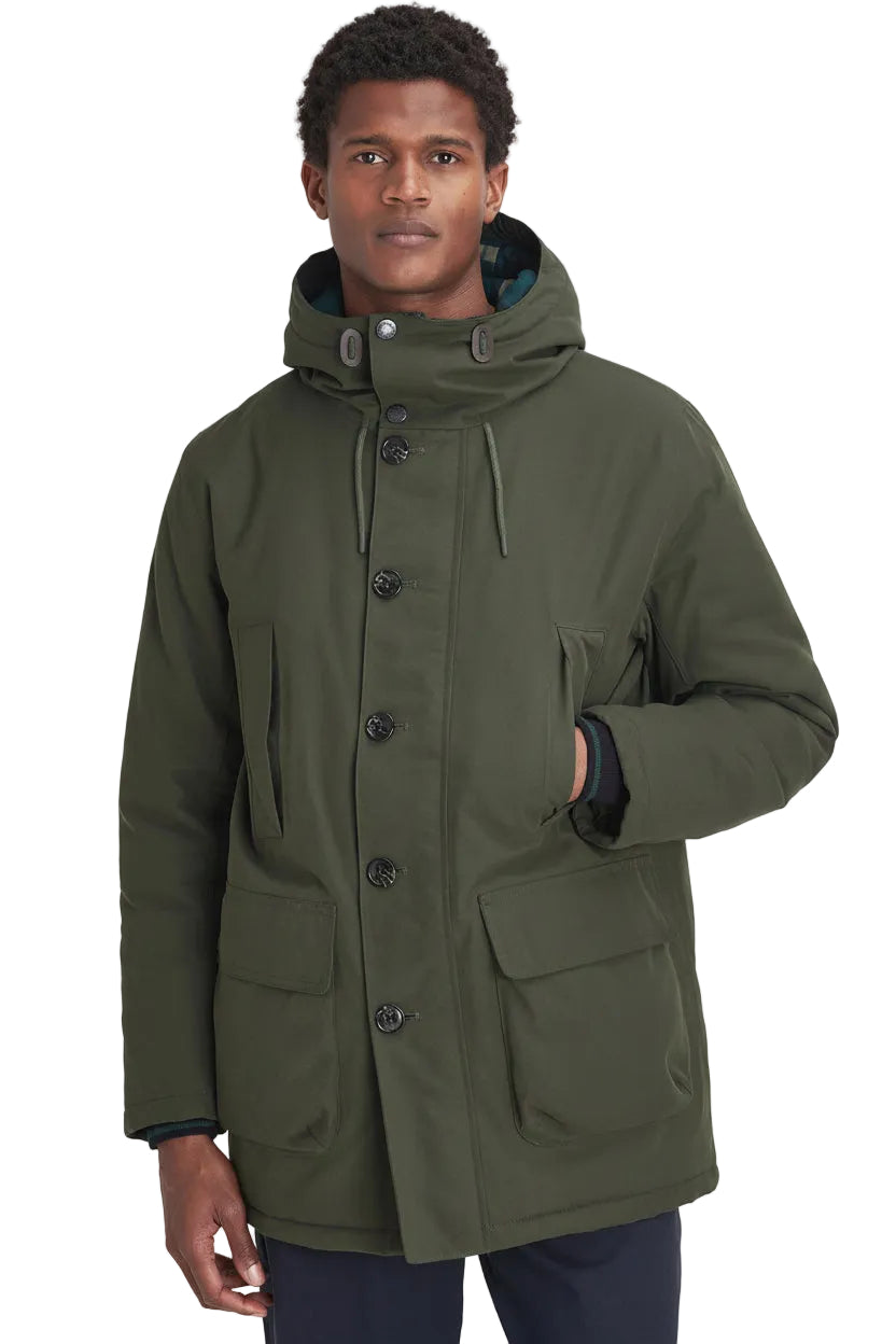 Sage green waterproof parka with hood, button front, and front patch pockets