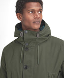 Sage green parka with adjustable hood drawstrings and dark button placket