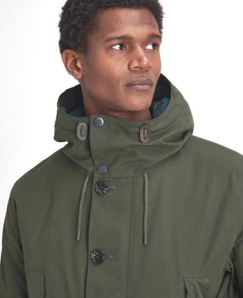 Sage green parka with adjustable hood drawstrings and dark button placket