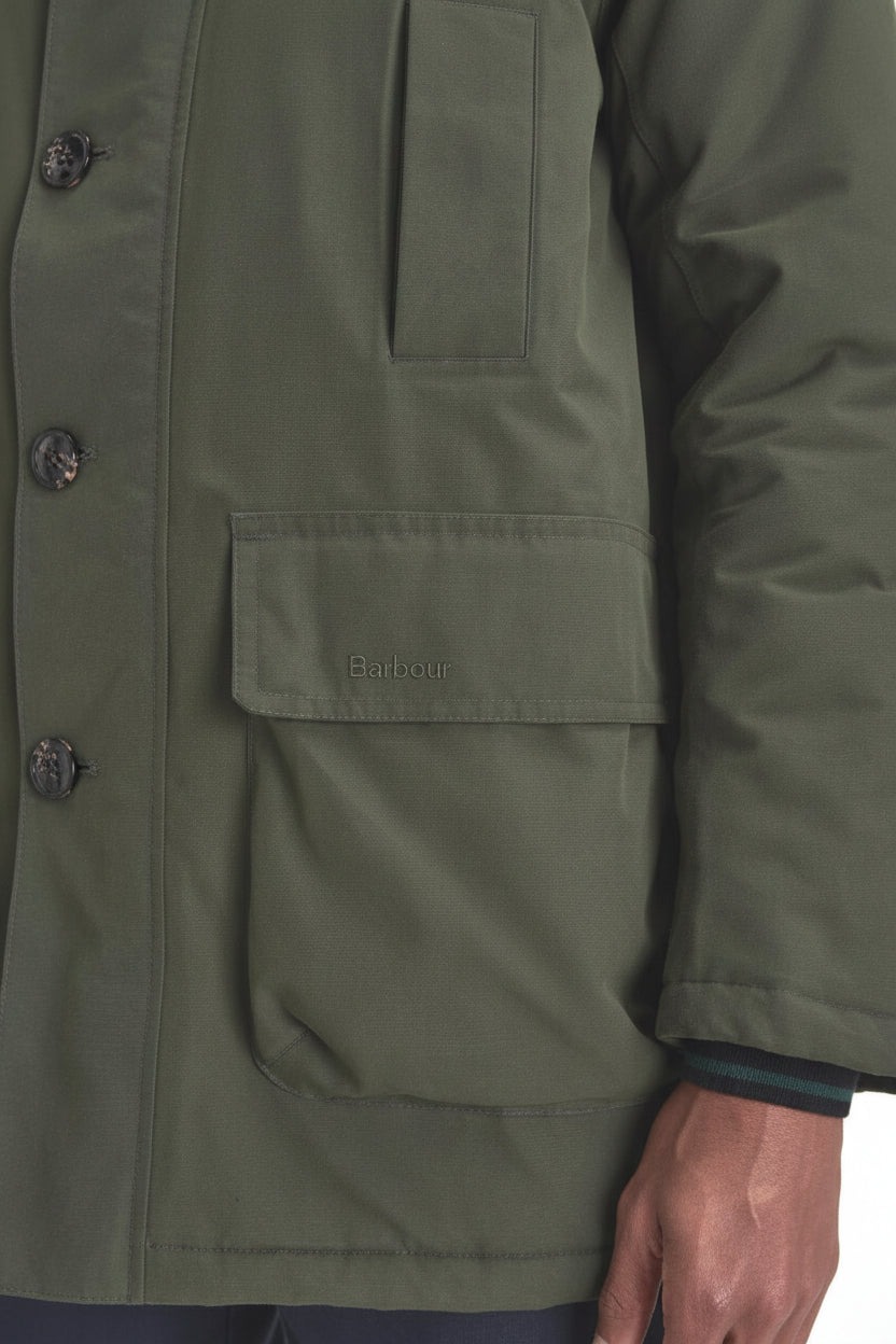 Sage green waterproof parka with snap pockets and chest flap detail