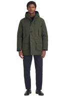 Sage green waterproof parka with four-button front and two cargo pockets