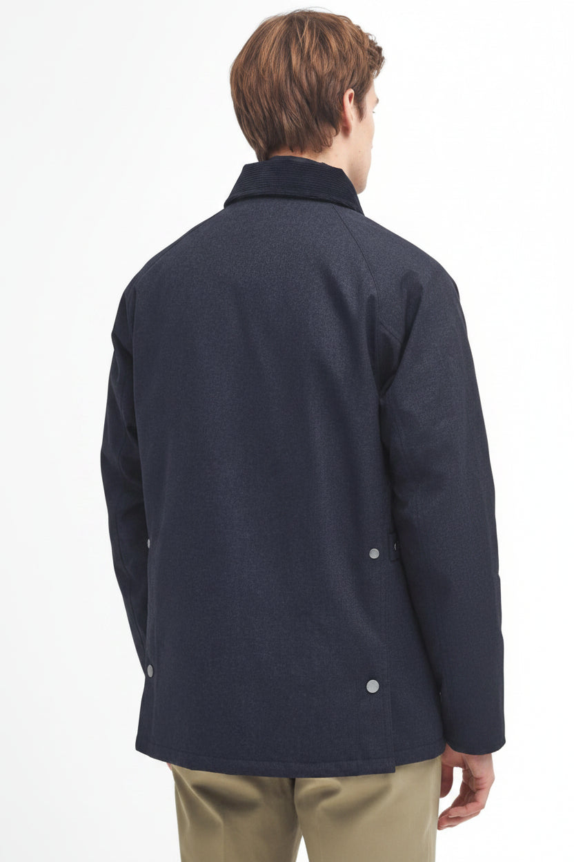 Navy waterproof Bedale jacket, stand collar, button front, flap pockets