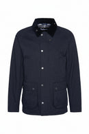 Navy waterproof Bedale jacket, button front, stand collar, flap pockets