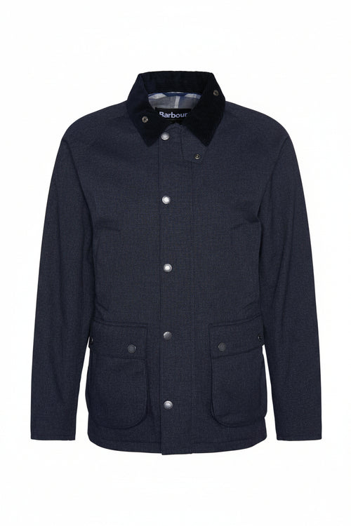 Navy waterproof Bedale jacket, button front, stand collar, flap pockets