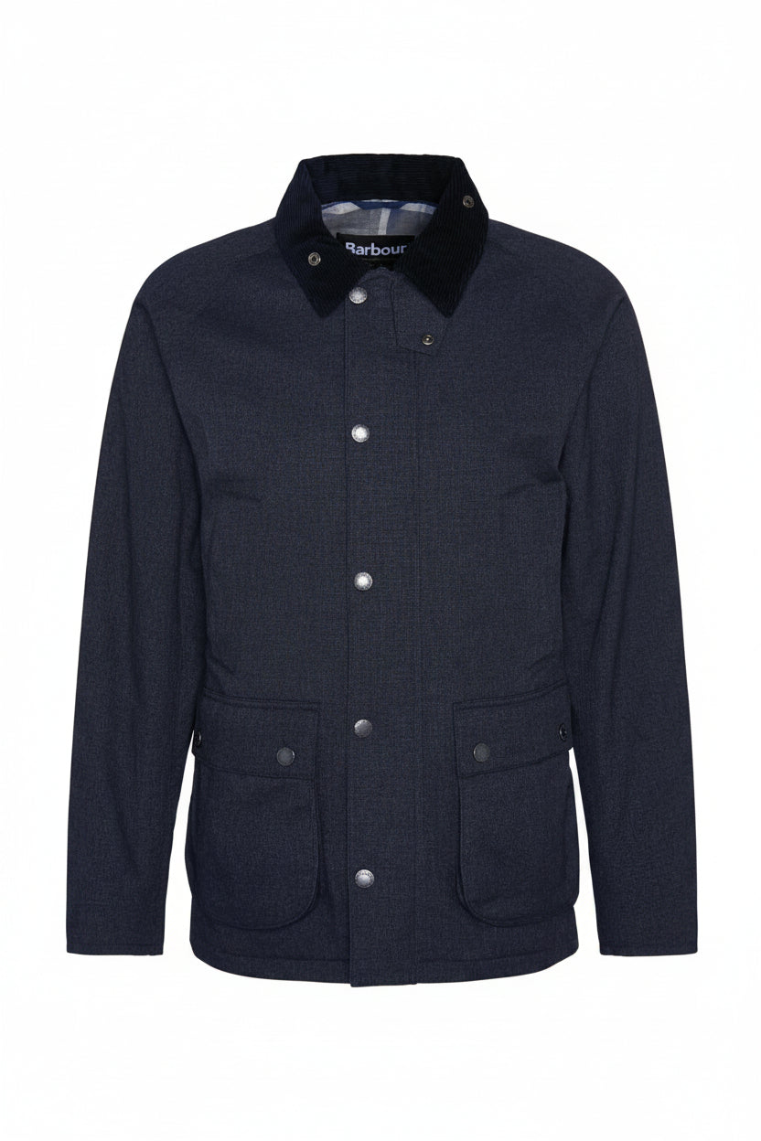 Navy waterproof Bedale jacket, button front, stand collar, flap pockets