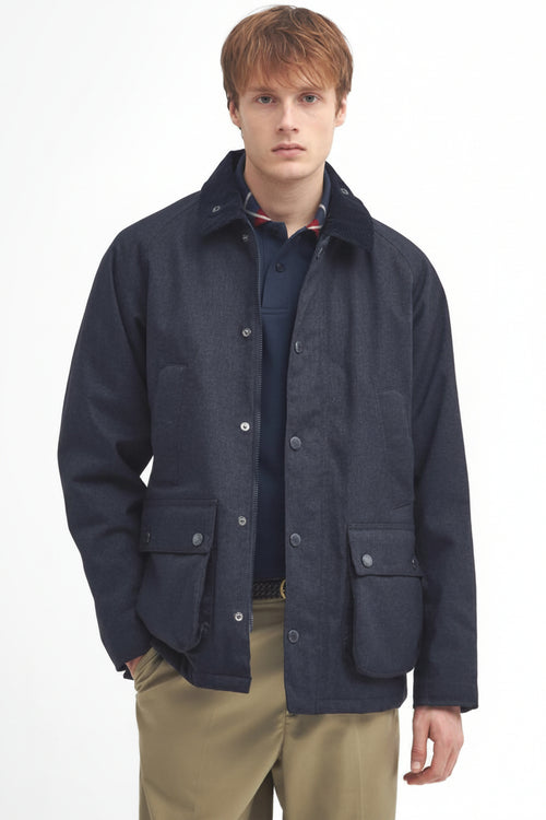Navy waterproof Bedale jacket with stand collar, button placket, flap pockets