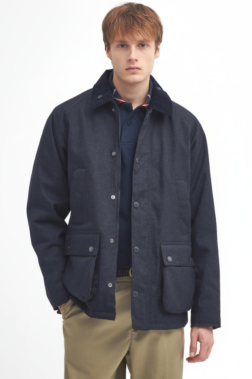 Navy waterproof Bedale jacket with stand collar, button placket, flap pockets