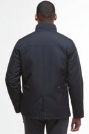 Dark jacket back view with stand collar and central hemline seam