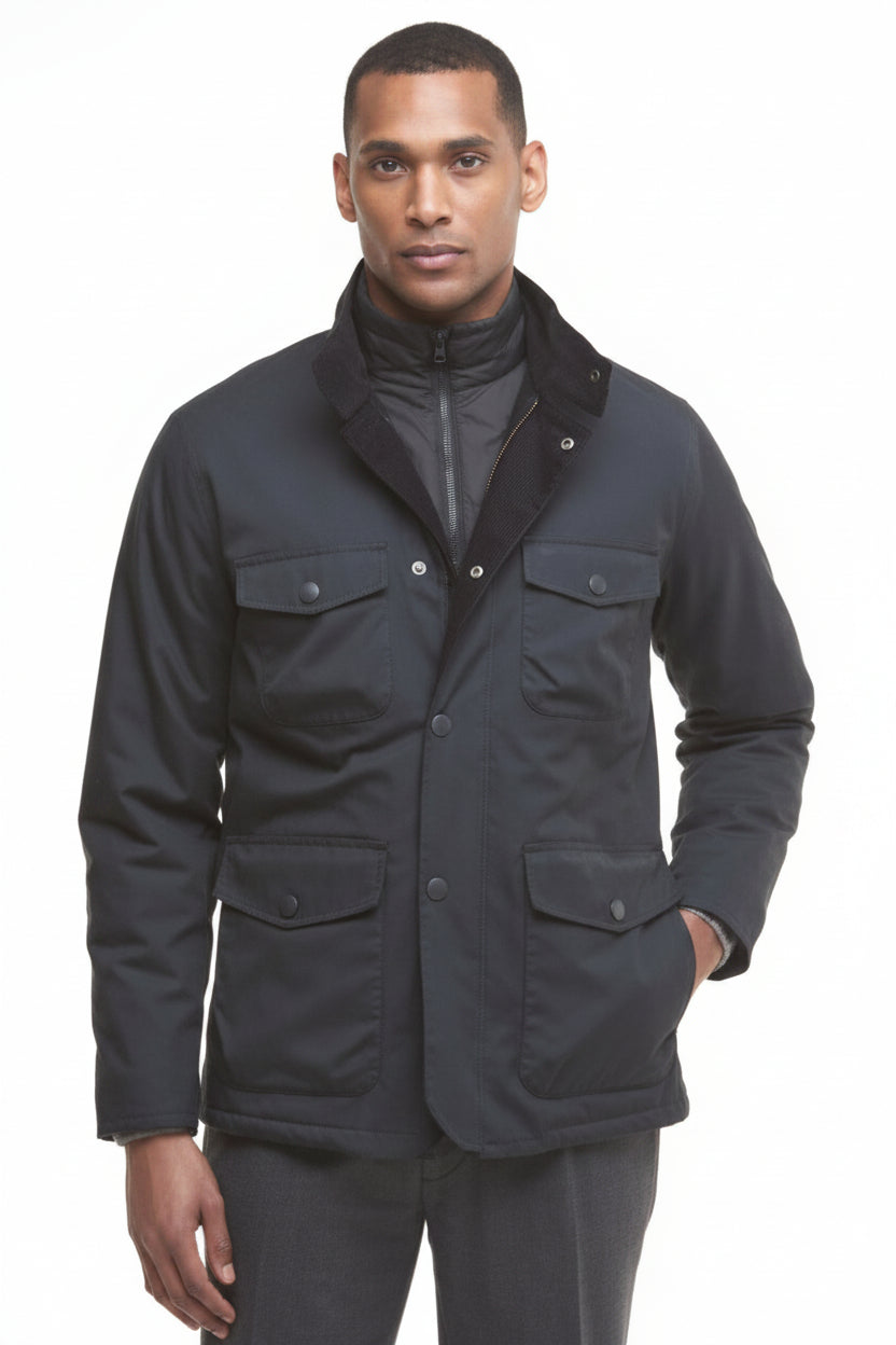 Dark jacket with stand collar, button front, and two flap pockets