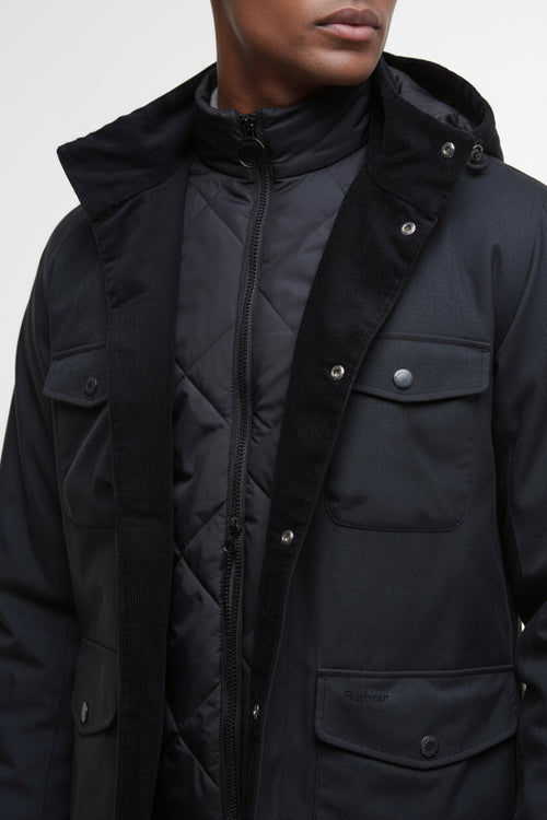 Dark jacket with stand collar, zip front, and flap chest pocket