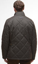 Dark olive quilted winter jacket with diamond pattern and stand collar, rear view