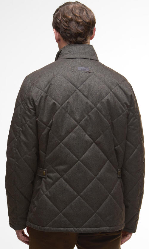 Dark olive quilted winter jacket with diamond pattern and stand collar, rear view