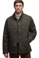 Dark olive quilted winter jacket with button front, flap pockets, and stand collar
