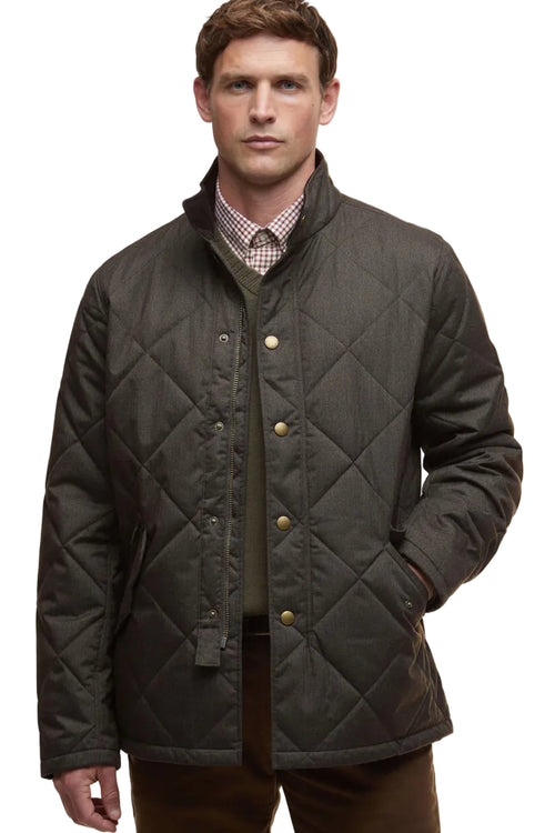 Dark olive quilted winter jacket with button front, flap pockets, and stand collar