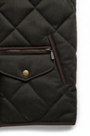 Dark olive quilted jacket with chest zip pocket and snap button detail