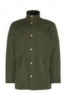 Olive waterproof jacket flat lay with stand collar and gold snap front