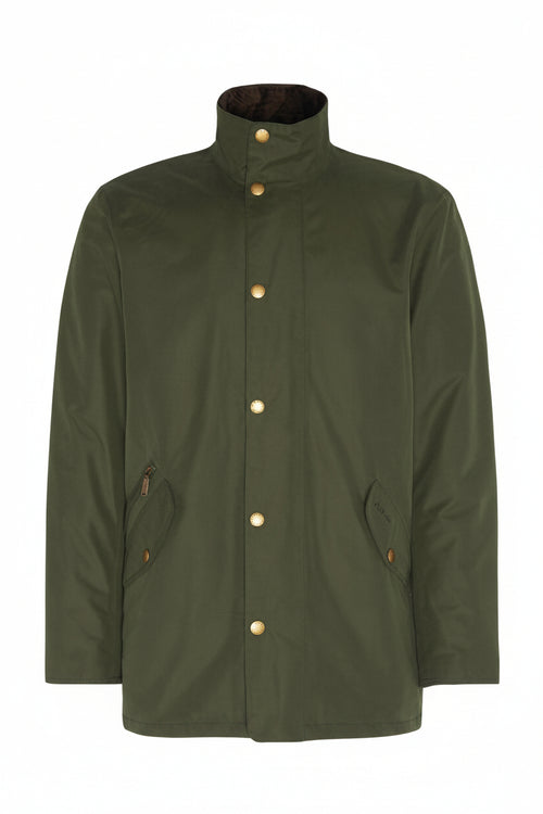 Olive waterproof jacket flat lay with stand collar and gold snap front