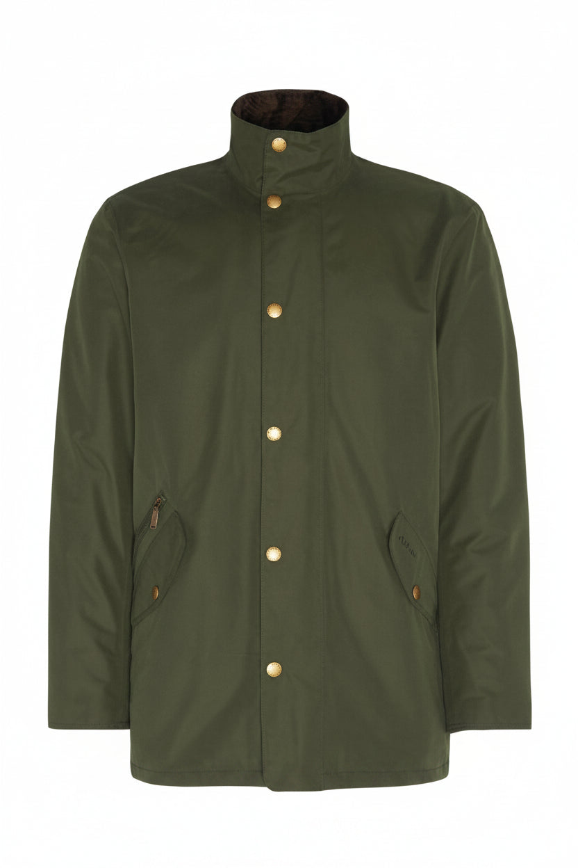Olive waterproof jacket flat lay with stand collar and gold snap front