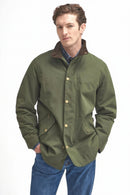 Olive waterproof jacket with brown cord inner collar and button front detail