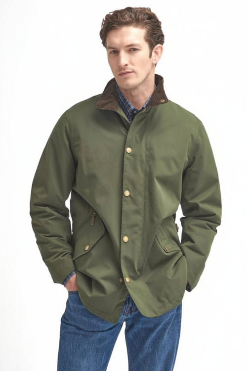 Olive waterproof jacket with brown cord inner collar and button front detail