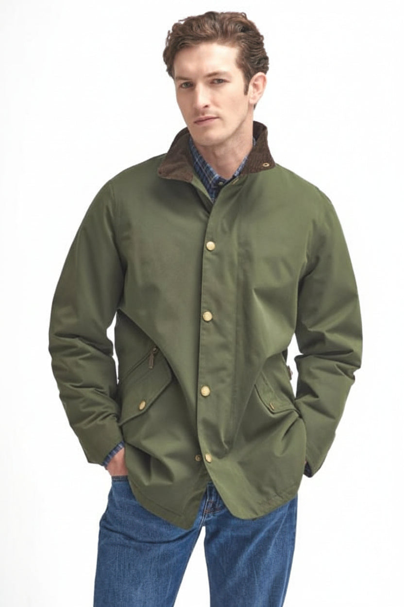 Olive waterproof jacket with brown cord inner collar and button front detail