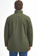 Olive waterproof jacket back view with center yoke and small logo patch
