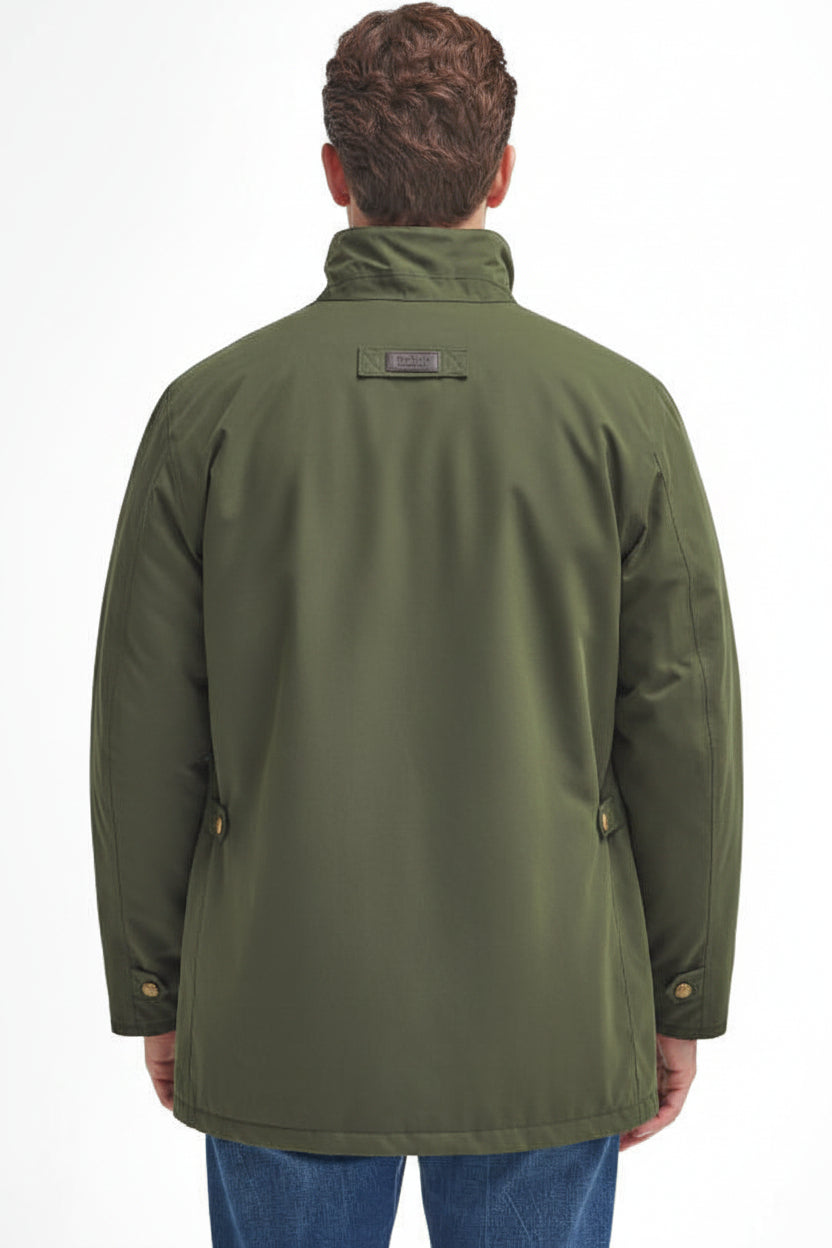Olive waterproof jacket back view with center yoke and small logo patch