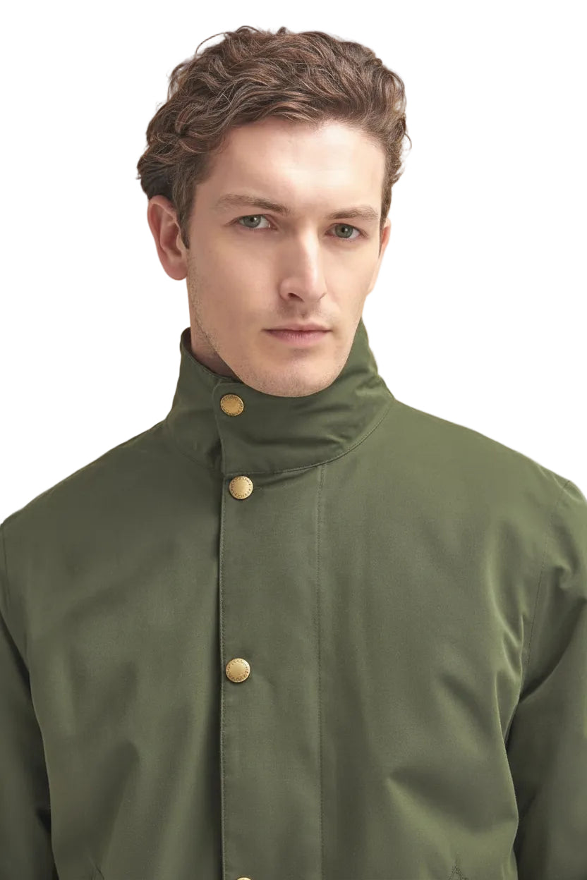 Olive waterproof jacket front view with high collar and gold snap buttons