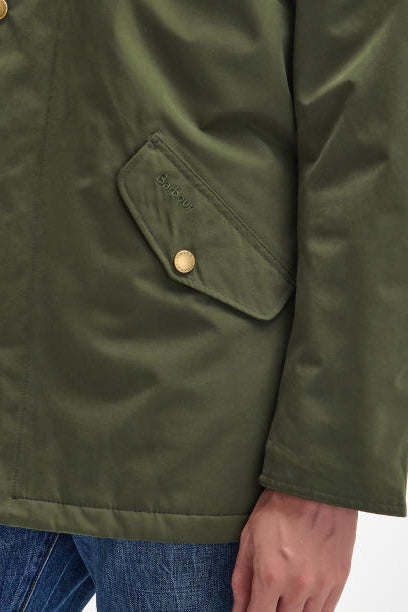 Olive waterproof jacket side pocket with Barbour badge snap detail