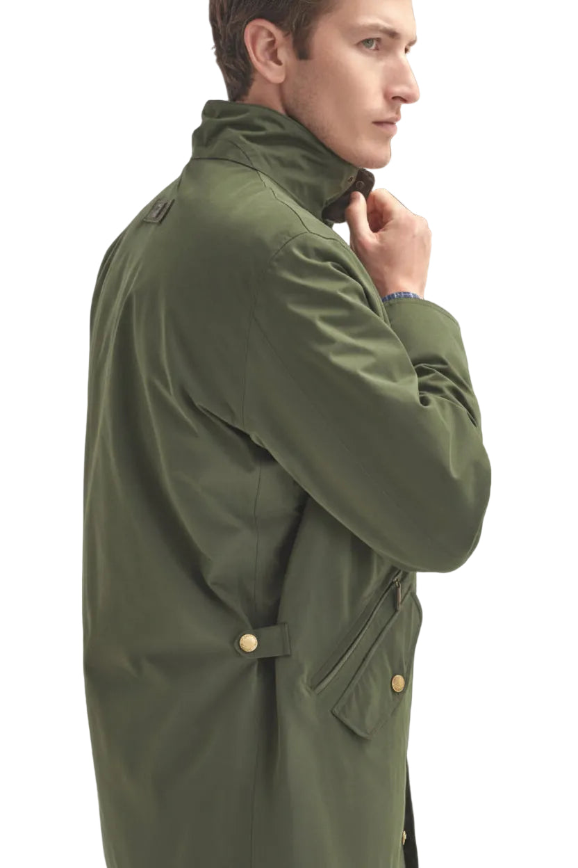 Olive waterproof jacket with snap button cuffs and side pocket detail