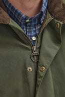 Olive waterproof jacket front zipper with button placket and plaid collar lining