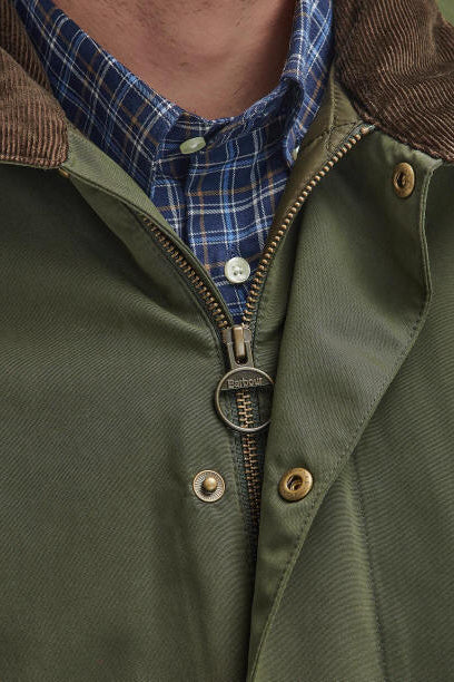 Olive waterproof jacket front zipper with button placket and plaid collar lining