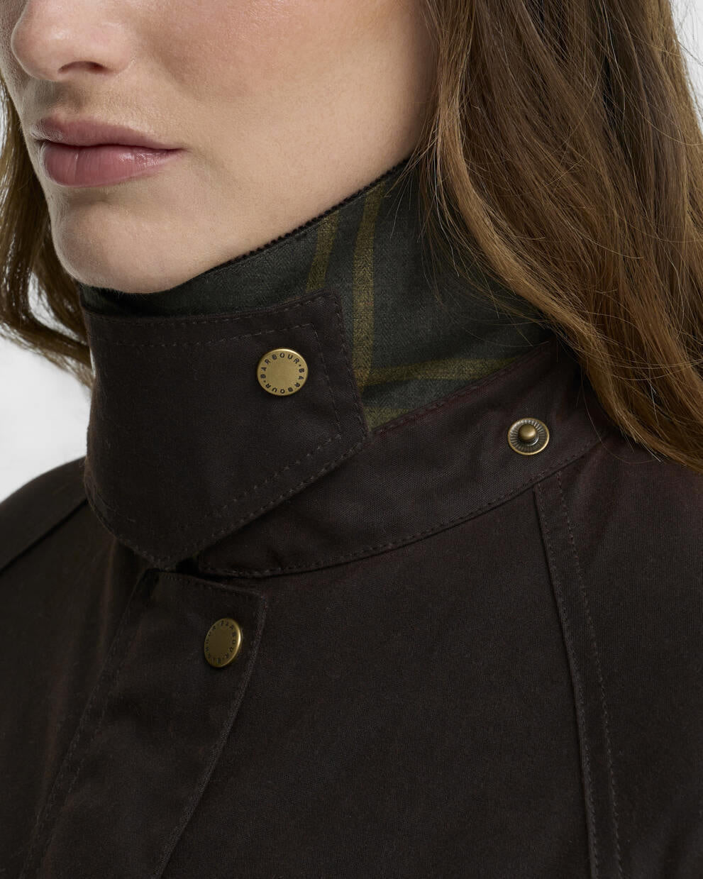 Women's Barbour wax jacket, dark brown with stand collar and brass snap buttons