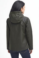 Women's waxed jacket with hood, dark green, button front and back pockets.