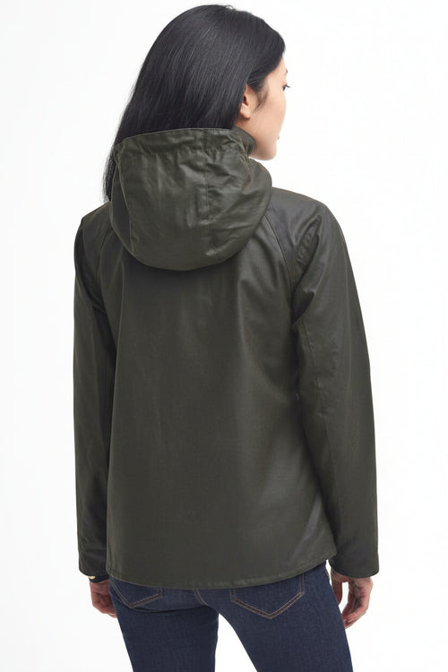 Women's waxed jacket with hood, dark green, button front and back pockets.