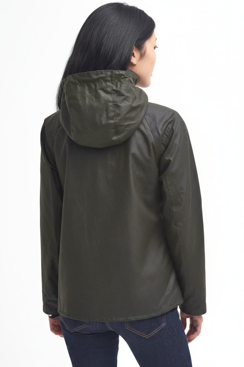 Women's waxed jacket with hood, dark green, button front and back pockets.