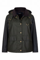 Women's waxed hooded jacket in dark olive, snap buttons, chest pockets, drawcord.
