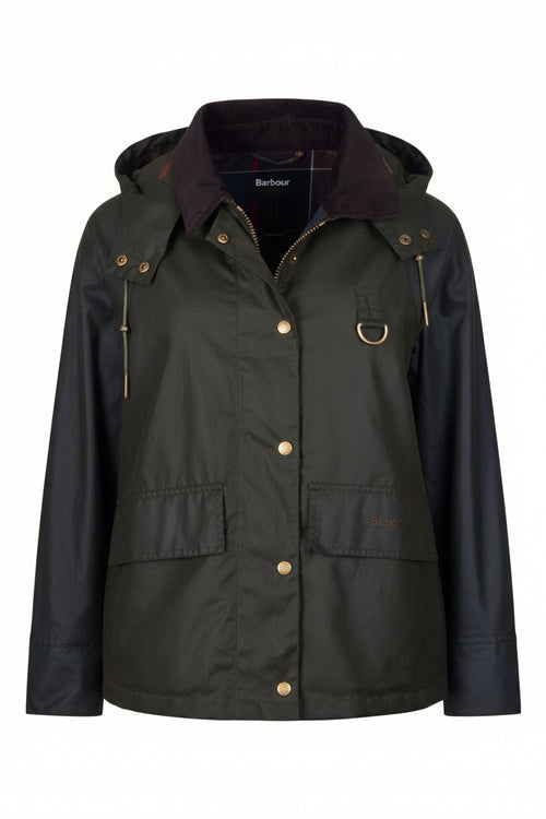 Women's waxed hooded jacket in dark olive, snap buttons, chest pockets, drawcord.