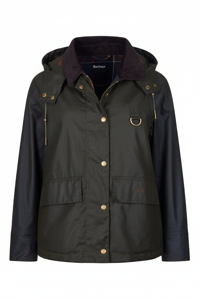 Women's waxed hooded jacket in dark olive, snap buttons, chest pockets, drawcord.