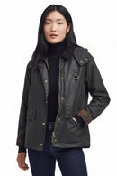 Women's waxed hooded jacket in dark olive with snap buttons, chest pockets, drawcord hem.