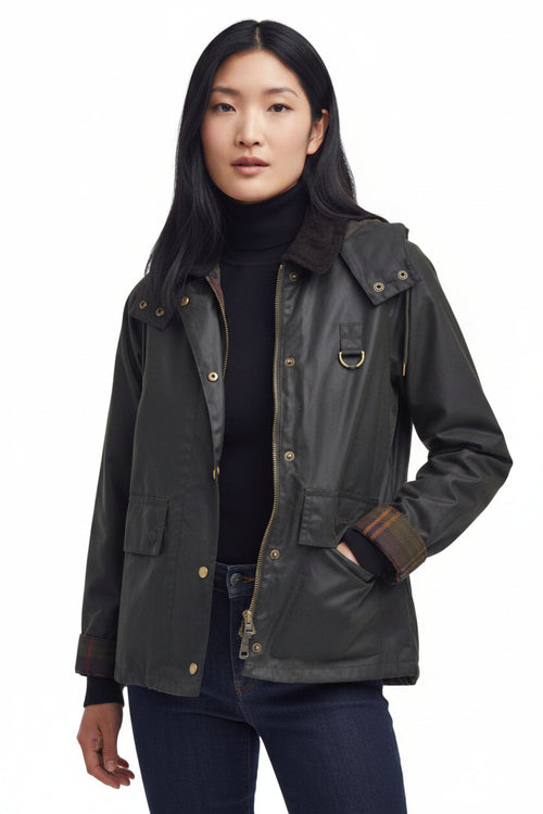 Women's waxed hooded jacket in dark olive with snap buttons, chest pockets, drawcord hem.