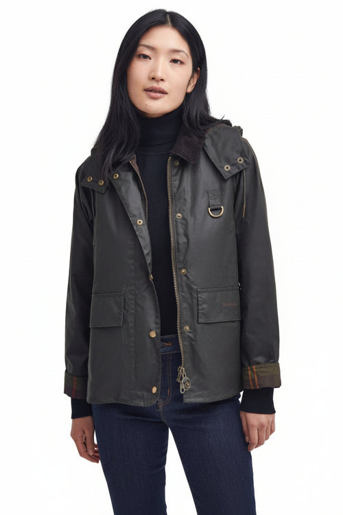 Women's waxed jacket with hood and snap buttons, dark olive, utility pockets and tall collar.
