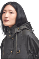Waxed jacket hood and shoulder with drawcord pull, brass snap buttons, dark olive.