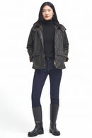 Women's hooded waxed jacket in dark olive, front snap placket, two pockets, long sleeves.