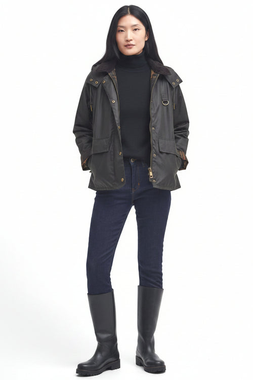 Women's hooded waxed jacket in dark olive, front snap placket, two pockets, long sleeves.